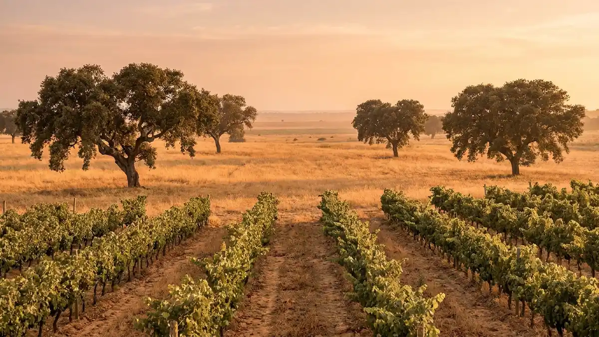 Alentejo vineyards and cork oaks in warm evening light