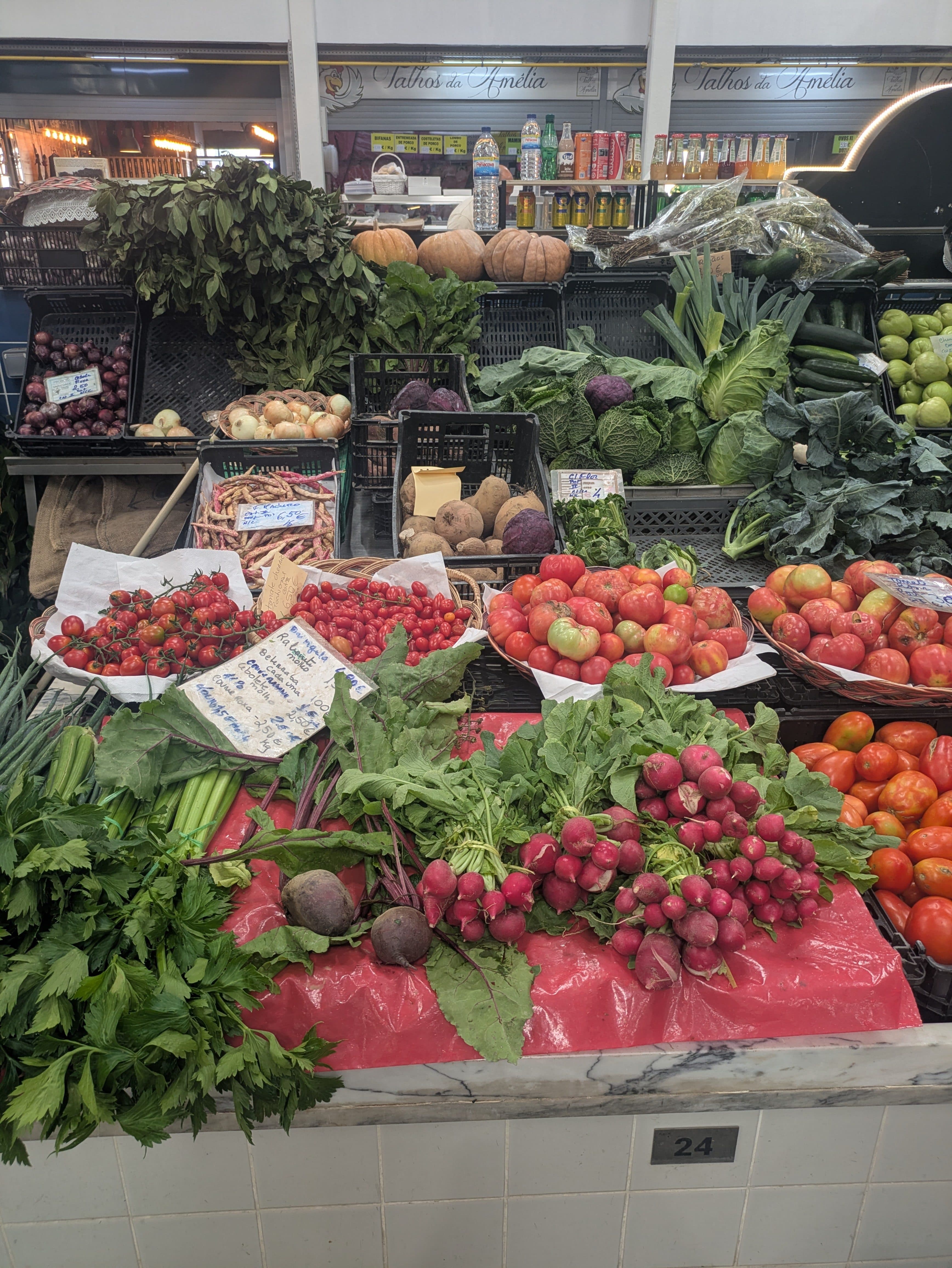 Fresh produce displayed at a market stall in Setúbal