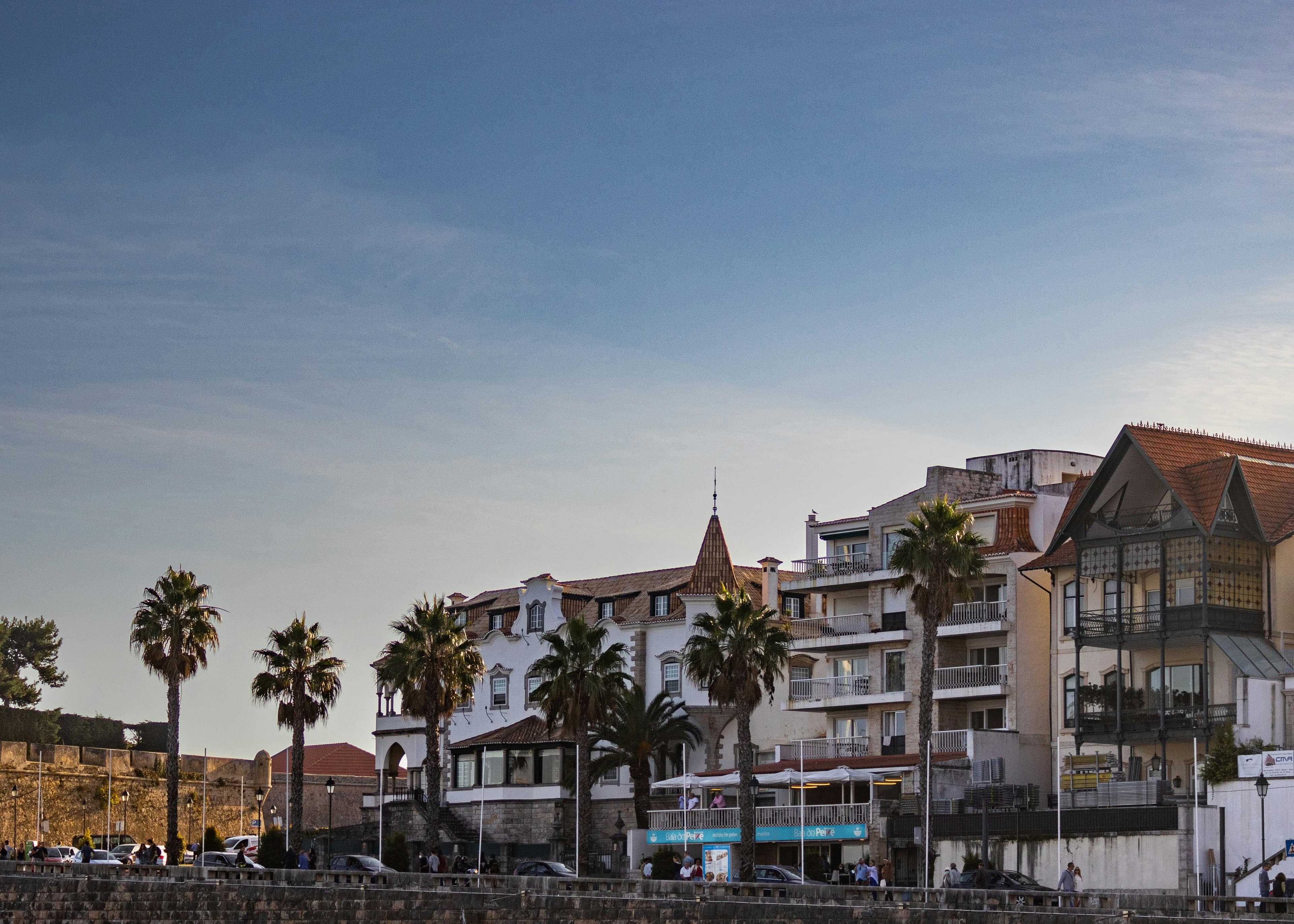 A palm-lined waterfront town beside a historic fort
