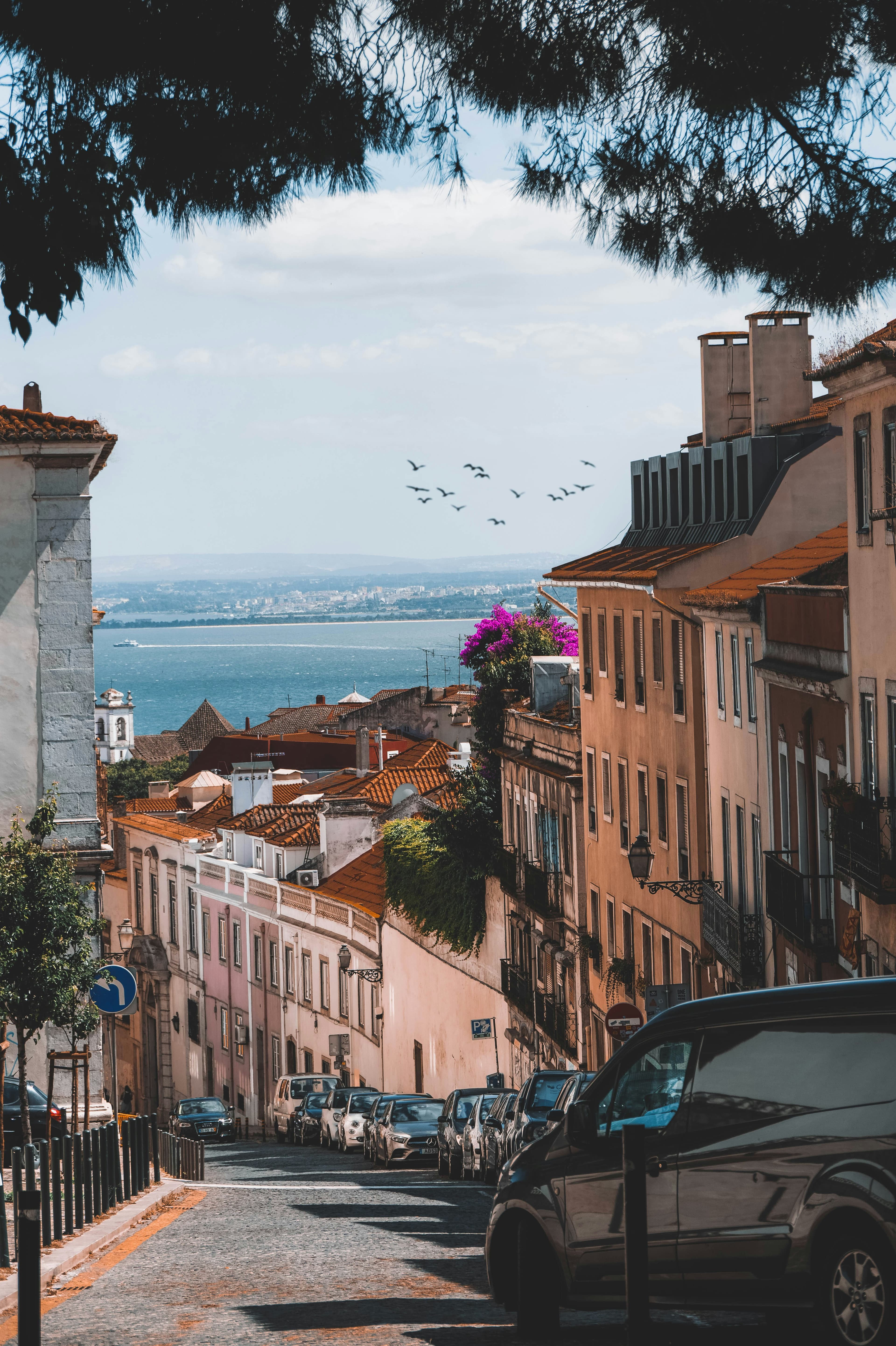 Aerial view of Lisbon’s riverfront, marina and Monument to the Discoveries
